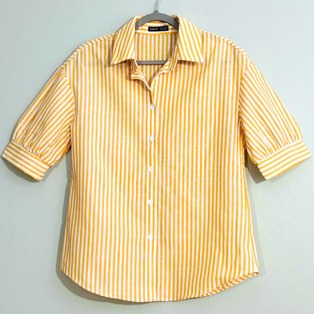 *SHEIN gold yellow striped button blouse S NWOT